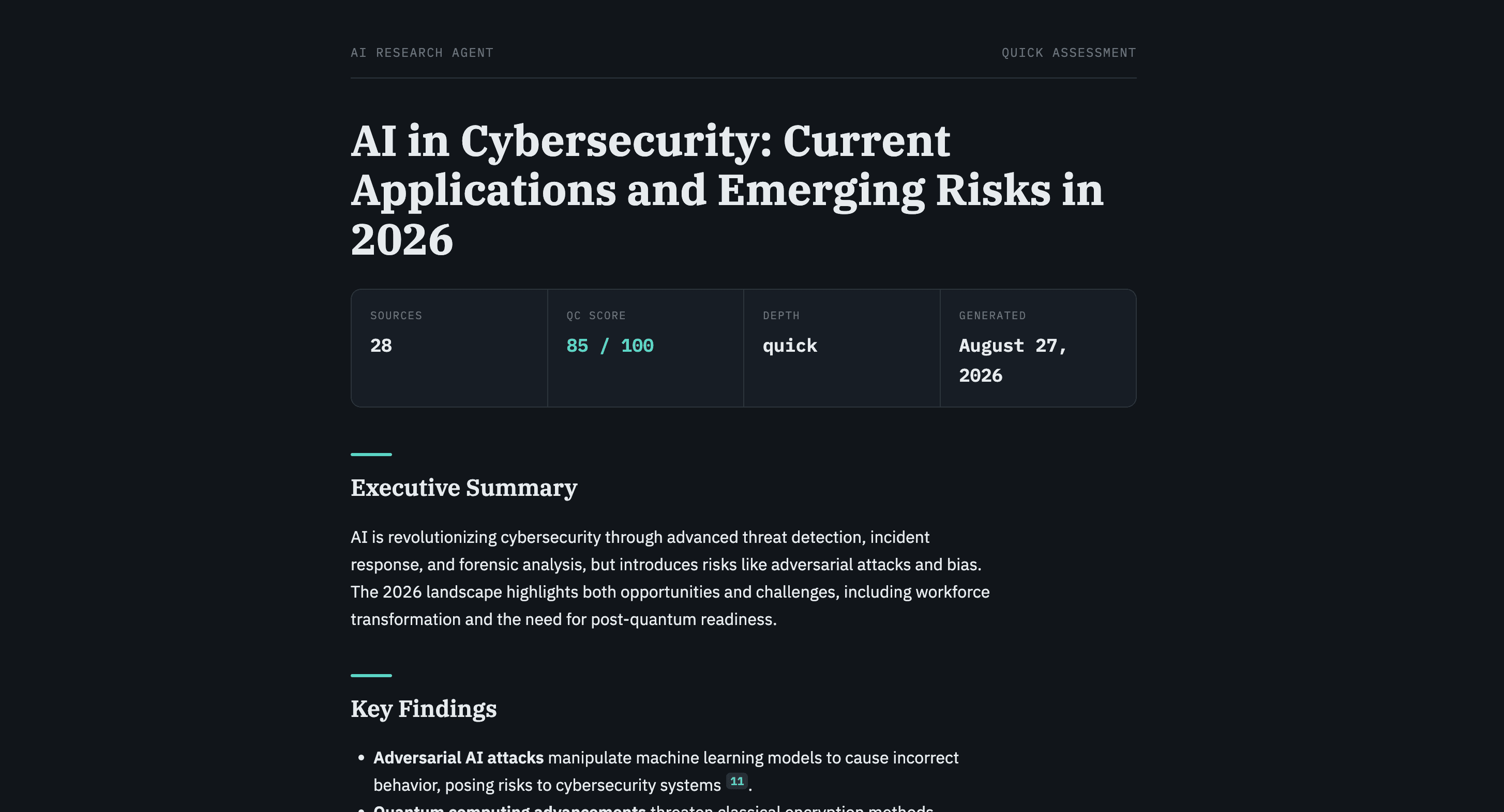AI Research Agent report output — executive summary and key findings