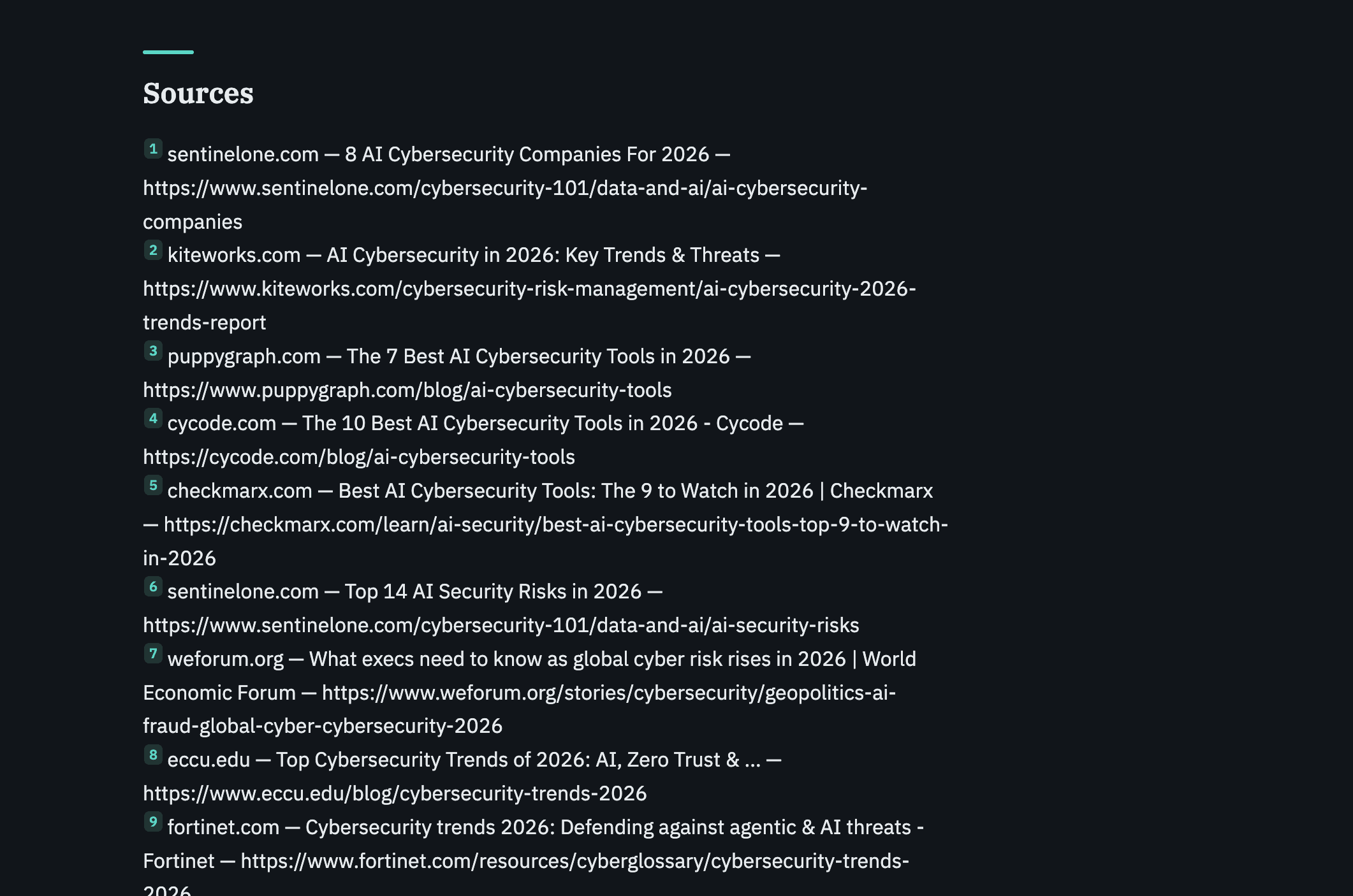 Numbered source list with real URLs