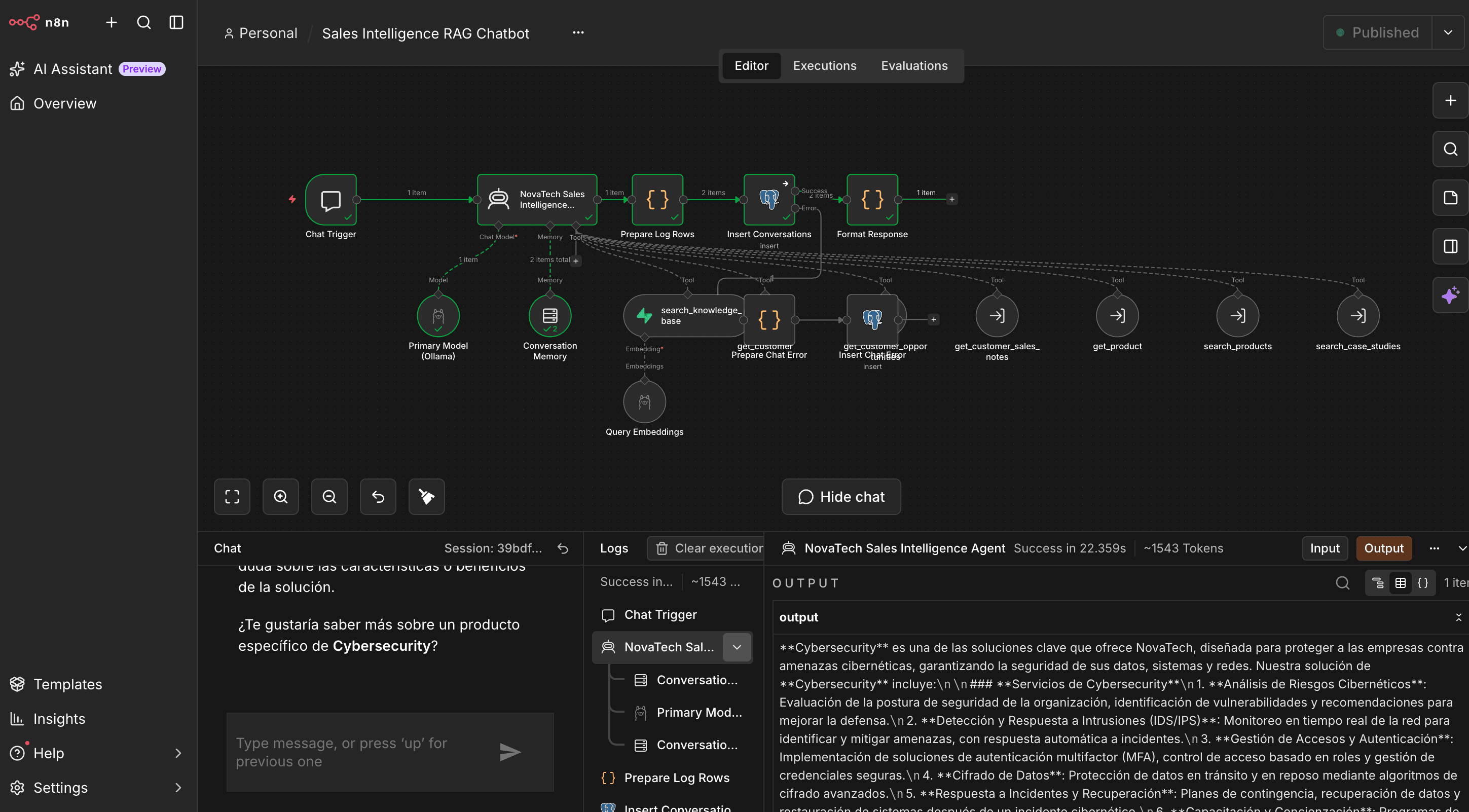 NovaTech Sales Intelligence agent workflow in n8n, with a live chat test